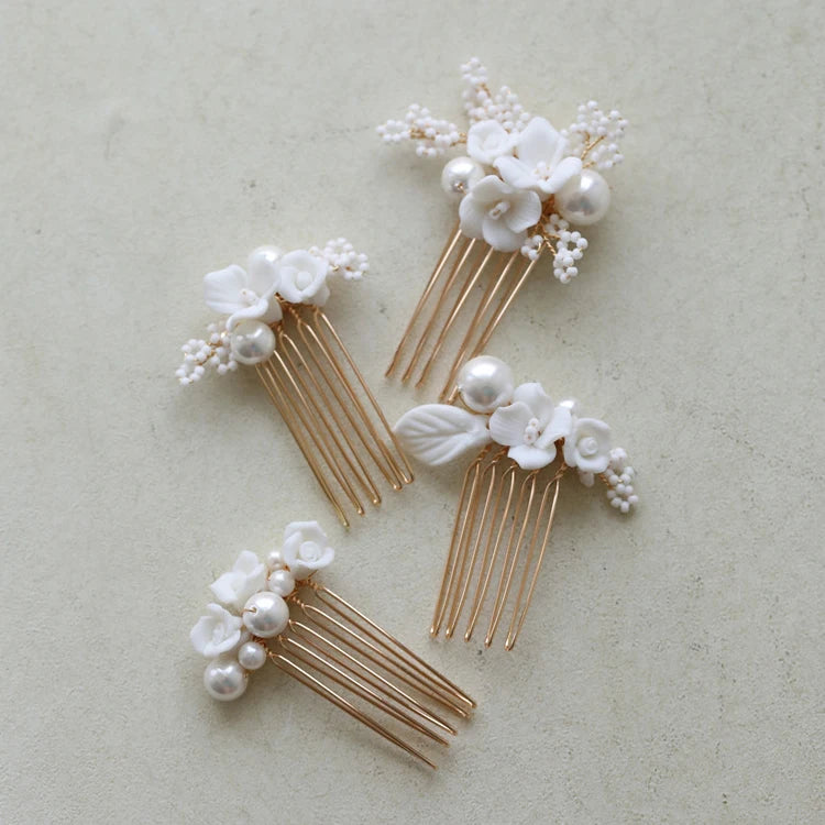 Bridal Jewelry Imitation Pearl Hair Comb Pin Porcelain Flower Head Piece Brides Gold Silver Color Hairpin Wedding Accessories