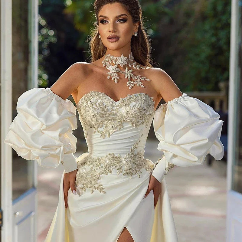 Ivory Pleated Mermaid Wedding Dresses Removable Bubble Sleeve Side High Slit Princess Bridal Gowns Simple Vestido De Novia