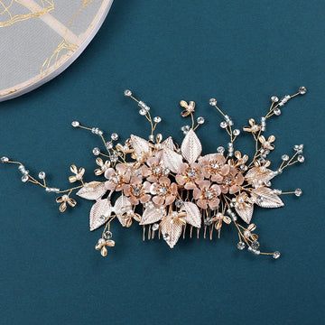 Wedding Accessories Flower Hair Comb Pin Clip Rhinestones Crystal Head Pieces Bride Women Gold Color Leaf Hairpin Bridal Jewelry