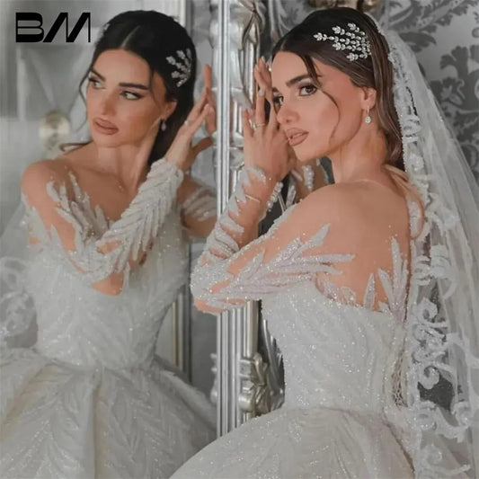 Robe de mariée de luxe avec illusion à manches longues robes de mariée exquises de la mariée pour la mariée à 2024 robe de Mariee