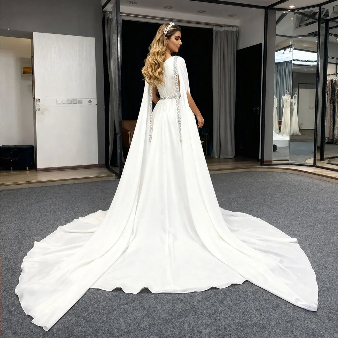 Elegant Beaded V Neck Wedding Dress With Train Long Sleeve Chiffon Ball Gown For WomenA Line Bridal Party Gown Vestidos Novia