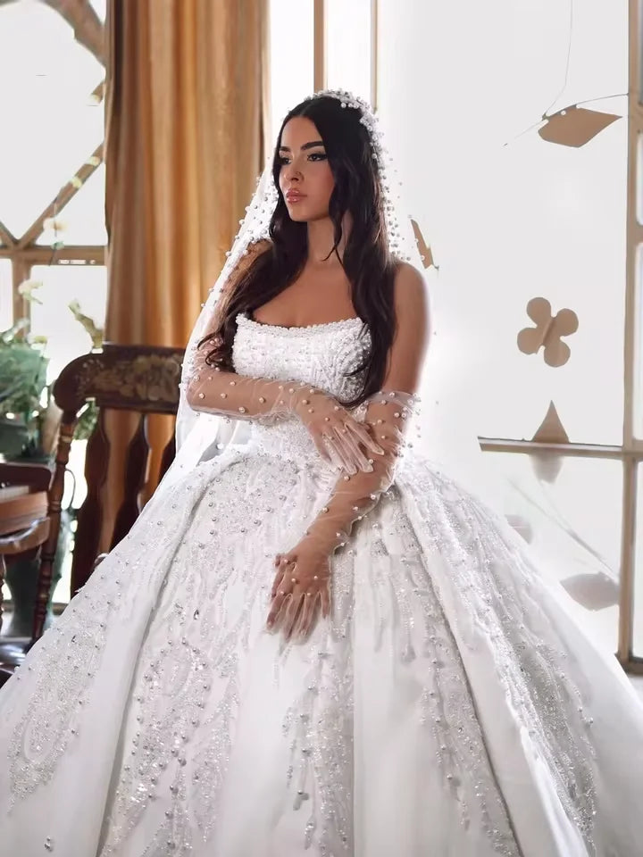 Customized Luxurious Beading Pearls Ball Gown Wedding Dress Lace Off Shoulder Strapless Princess Bridal Gowns Vestidos De Novia