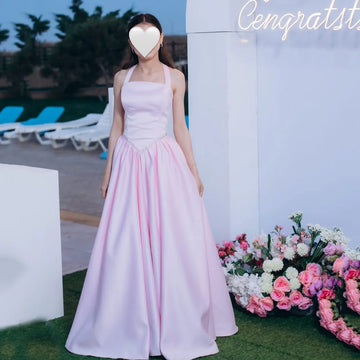 Pink Satin A-Line Evening Dresses Women's Halter Beaded Prom Gown Formal Guest Dress Birthday Party Dress Customized