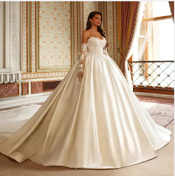 Customized Exquisite Long Sleeve Ball Gown Wedding Dress Luxury Pearls Beading Satin Vestidos De Novia Princess Bridal Gown