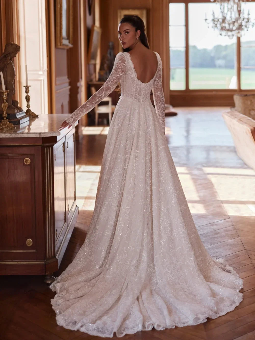 Customized Graceful Long Sleeve Beaded Lace A-line Wedding Dress Modest Bridal Gown Dreamy Sweetheart Neck Dresses For Bride