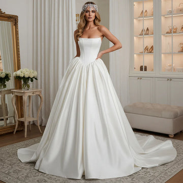 Simple Puffy Strapless Pleated Wedding Dress With Train A Line Satin Bridal Party Gown Long Ball Gown For Bride Vestidos Novia