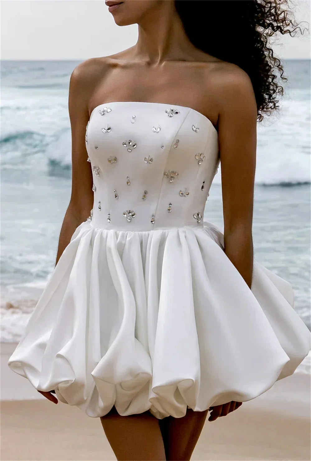 Short beach strapless crystal lace up satin mini bridal party gown wedding dress – Pollyanna Events