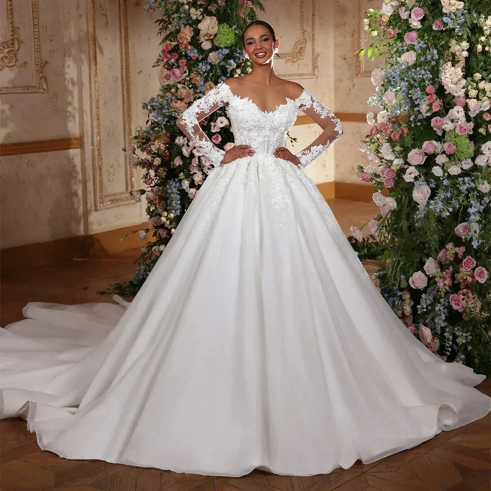 Elegant V-neck long sleeves flowers applique court train classic bridal gown 2026 – Pollyanna Events