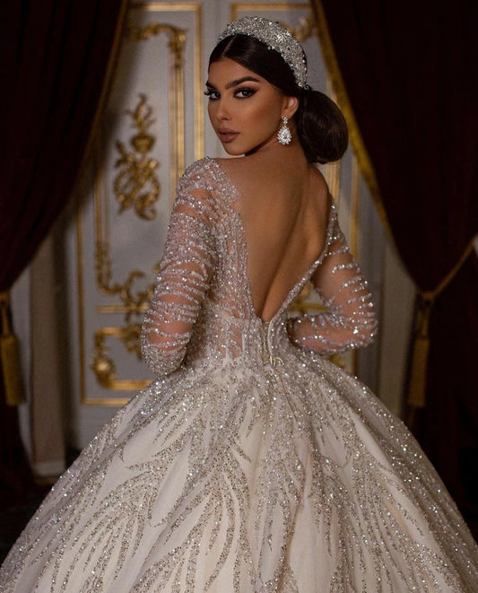 Luxury Glitter Sequine Ilusión de mangas largas Vestidos de novia 2024 ARABIA DUBAI Sweethear