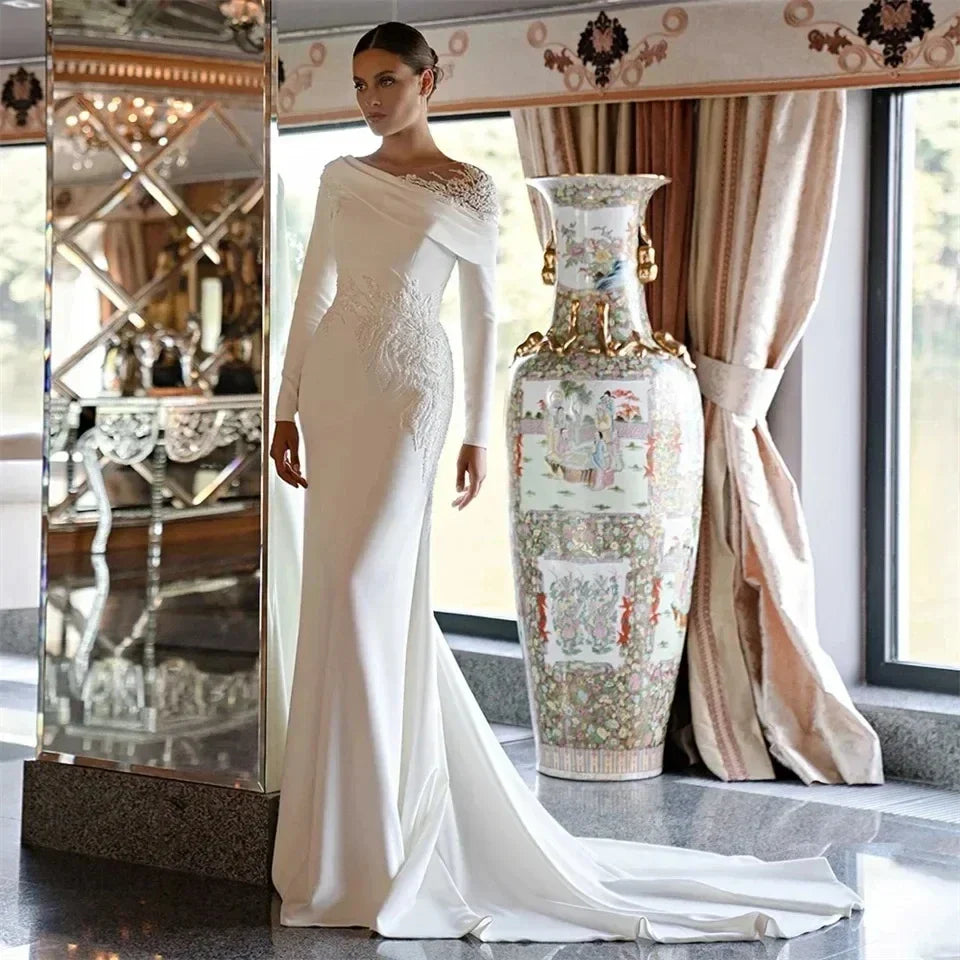 Elegant Wedding Dresses 2026 Sheer Neck Long Sleeves Embroidery Lace Satin Mermaid Bride Dress Bridal Gowns Vestido De Noiva