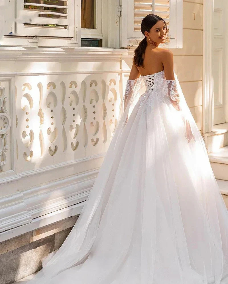 Romantic Classic Wedding Dresses For Women Boat Neck Bridal Gowns Off The Shoulder Tulle Robes Appliques Vestidos De Novia