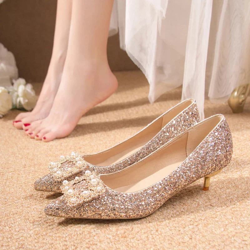 Plus Size 43 Gold Glitter Wedding Shoes Women New Pearl Square Buckle Low Heels Pumps Woman Pointed Toe Ladies Party Shoes