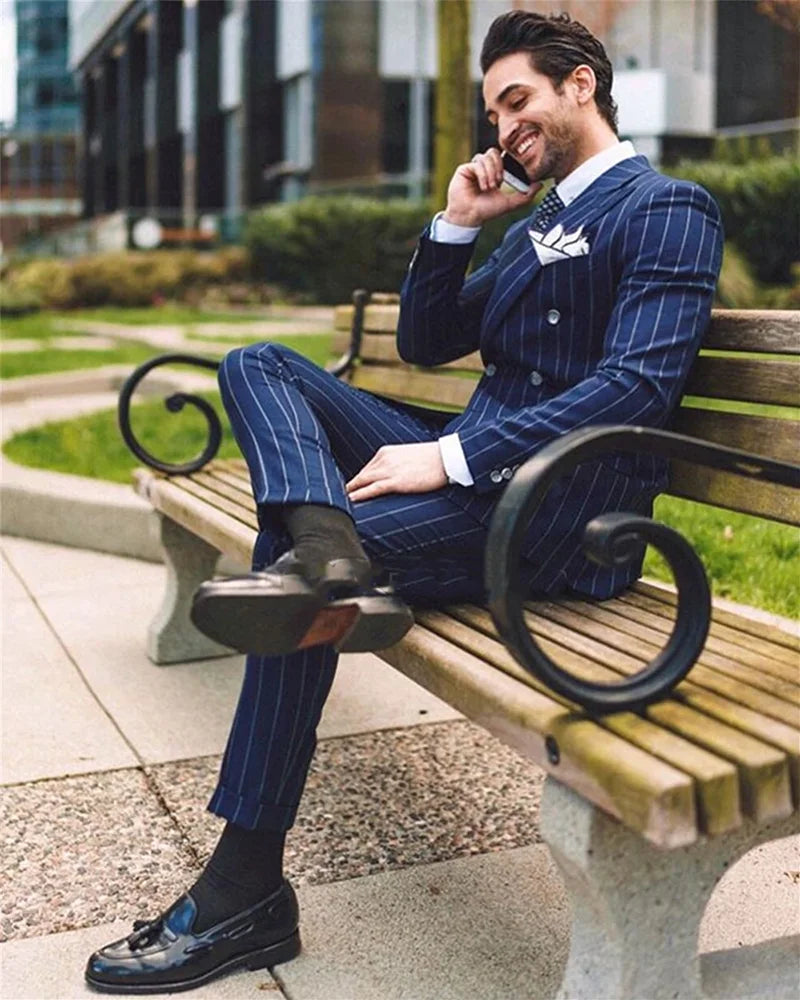 Navy Blue Striped Suits For Men Slim Fit Double Breasted Groom Wedding Tuxedos Blazer Classic Business Casual Coat Pants 2Pcs