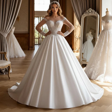Romantic Satin Beaded Wedding Dress With Train Long Sleeve Ball Gown For Bride A Line Bridal Gown For Women