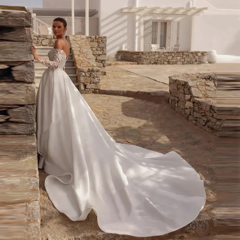 Elegant A-line Wedding Dresses Long Sleeves Lace Appliques Illusion Satin Court Train Formal Bridal Gowns  Vestidos De Novias