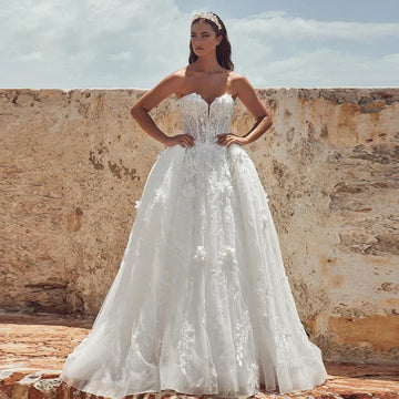 Sexy A-line Off Shoulder Wedding Dress Sweetheart Collar Sleeveless Lace Sequined Detachable Trailiing Bridal Gown