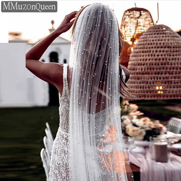 MMQ M61 Beaded Bridal Wedding Veil with Comb 1 Tier Tulle Civil Bride  Accessories Waist Length Pearls Veils for Girlfriend