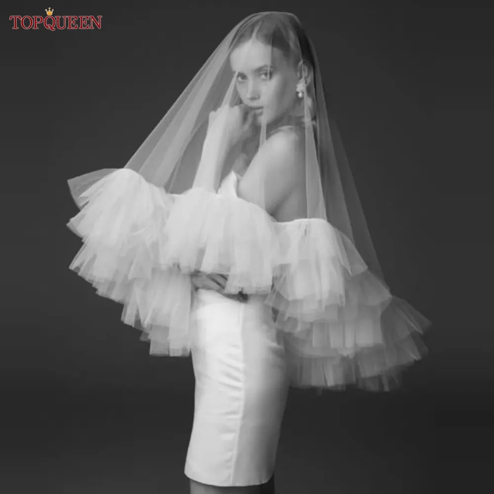 Topqueen Short Romantic Wedding Veil 2 strati Veli da sposa copertura faccia tattica di Halloween Velo velo integrato Fingertip V183