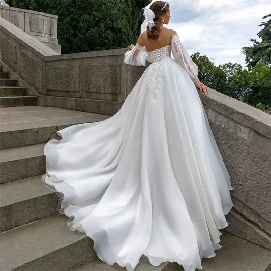 Princess A Line Wedding Dresses For Women Puff Sleeve Appliques Strapless Lace-Up Back Bridal Gown Elegent Robe De Mariée