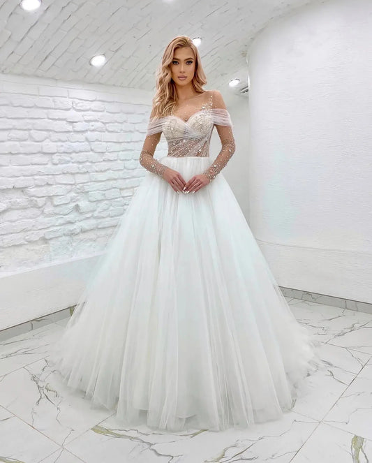 Exquisite Romantic Wedding Dresses Luxurious Beading Simple Off Shoulder Long Sleeves Sexy Backless Mopping Princess Bride Gowns