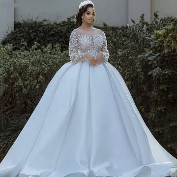 Customized Luxury Satin Wedding Dress For Women Glitter Long Sleeve Princess Pearls Africa Bridal Gown Vestidos De Novia