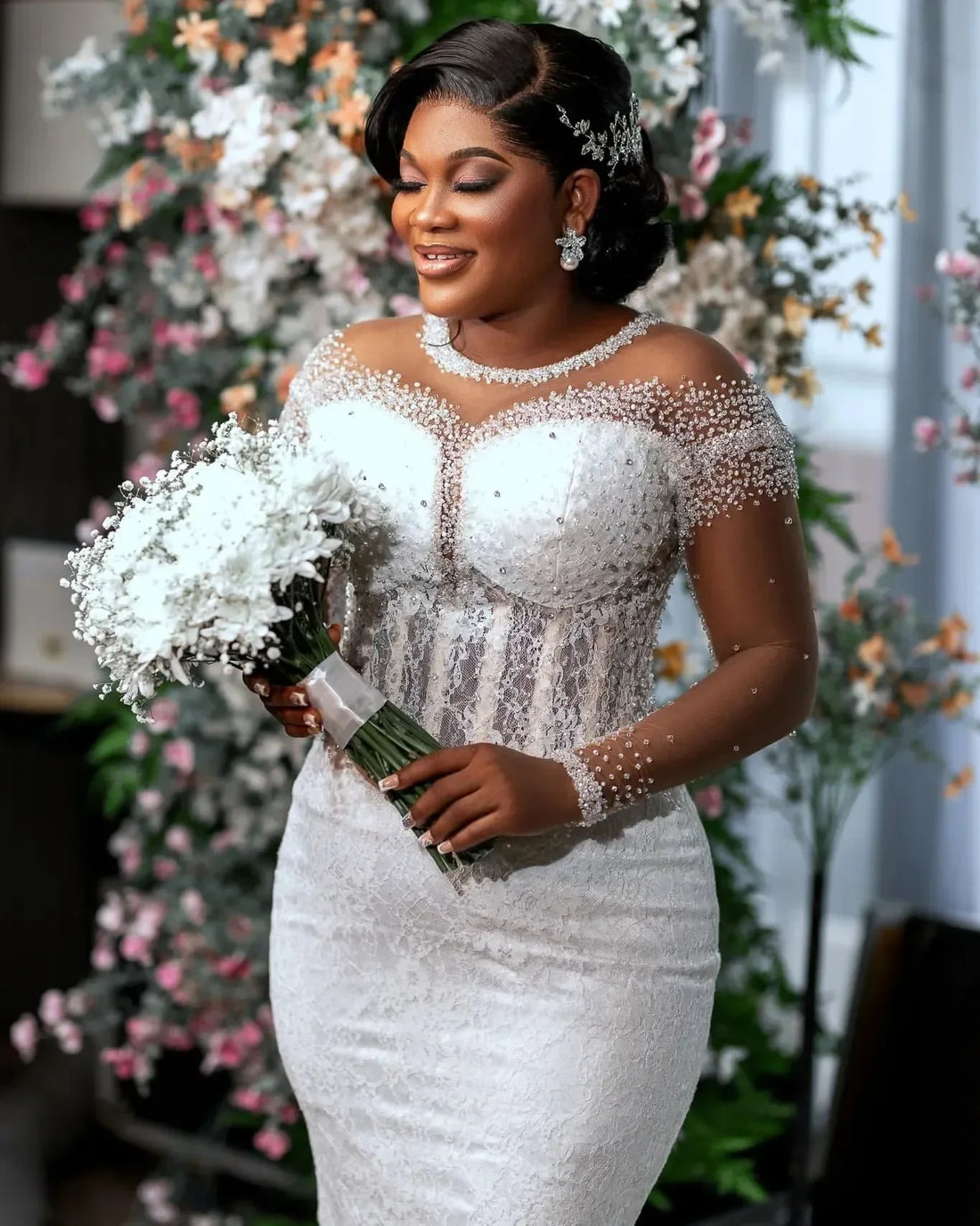 Customized African Aso Ebi Luxurious White Mermaid Wedding Dress Beaded Lace Marriage Full Sleeves Vintage Elegant Bridal Gowns