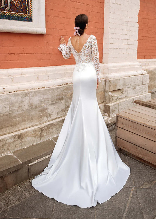 Bride Dress Lace Appliques Long Sleeves Mermaid Wedding Dresses Backless Satin Train Vestido De Novia