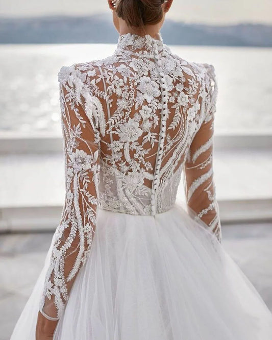 Vintage trouwjurken kant appliques hoge nek lange mouwen bruidegang prinses bruid jurk