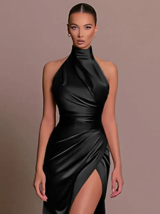 Elegant Luxury Party Evening Dress Sexy Women Sleeveless Long Halter Dress Fall Backless High Split Bodycon Maxi Dresses Black