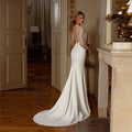 Mermaid satin sheer neck illusion lace bridal gown appliques buttons back wedding dress – Pollyanna Events