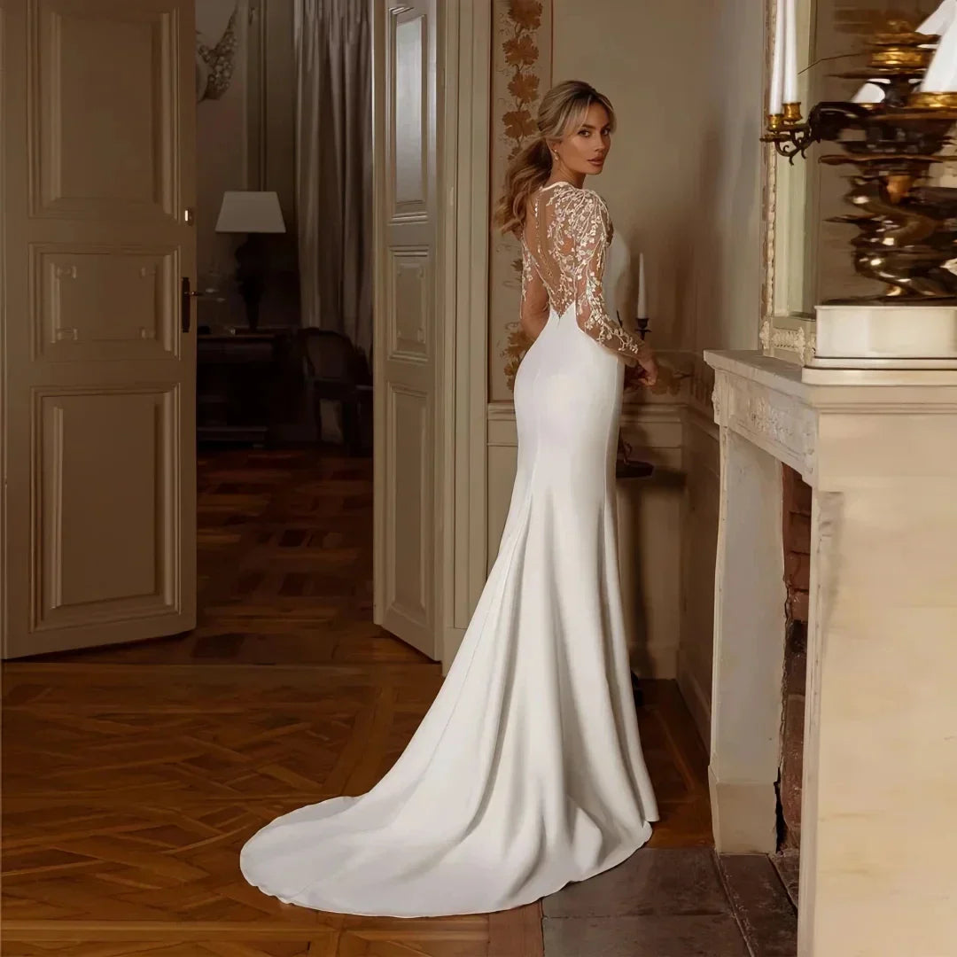 Mermaid satin sheer neck illusion lace bridal gown appliques buttons back wedding dress – Pollyanna Events