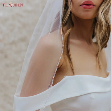 TOPQUEEN V107 حجاب الزفاف الطويلة طرحة زفاف مطرزة بالكريستال مع حافة كريستالية 1 طبقة فائقة النعومة للعروس لتكون حجاب قصير