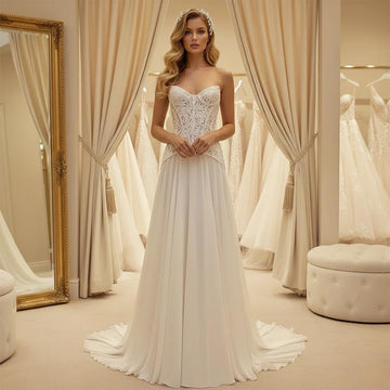 Elegant Chiffon Sweetheart Wedding Dress For Women Vestidos Novia Lace Long Ball Gown With Train Backless Bridal Party Gown