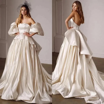 Customized A Line Wedding Dresses Peplum Strapless Bridal Gowns With Detachable Sleeves Plus Size Satin Vestido De Novia