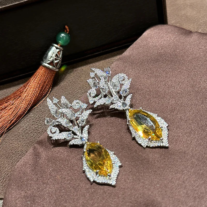 Luxury Yellow Zircon Bridal Earrings CZ Cubic Zirconia Wedding Earring For Brides Accessories Women Party Dinner Dress Jewelry