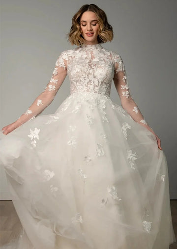 Elegant A-line Lace Wedding Dress 2026 High Neck Lace Flowers Appliques Tulle Backless Bride Bridal Gowns Vestidos De Noiva