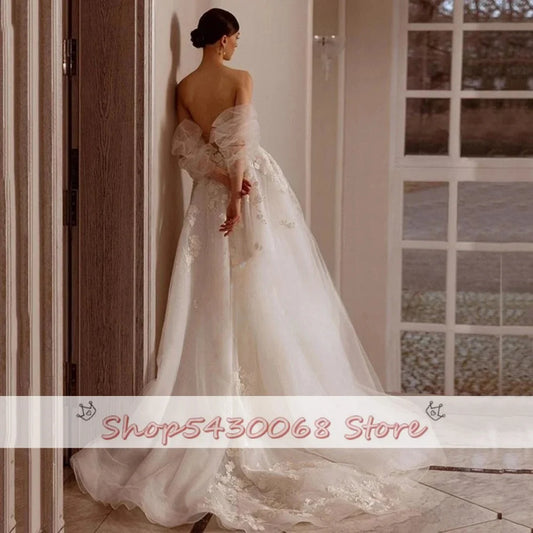 Kapokdressy elegante strapless trouwjurken kanten appliques a-line tule gewaden vloer lengte bruidsjurken vestidos de novia
