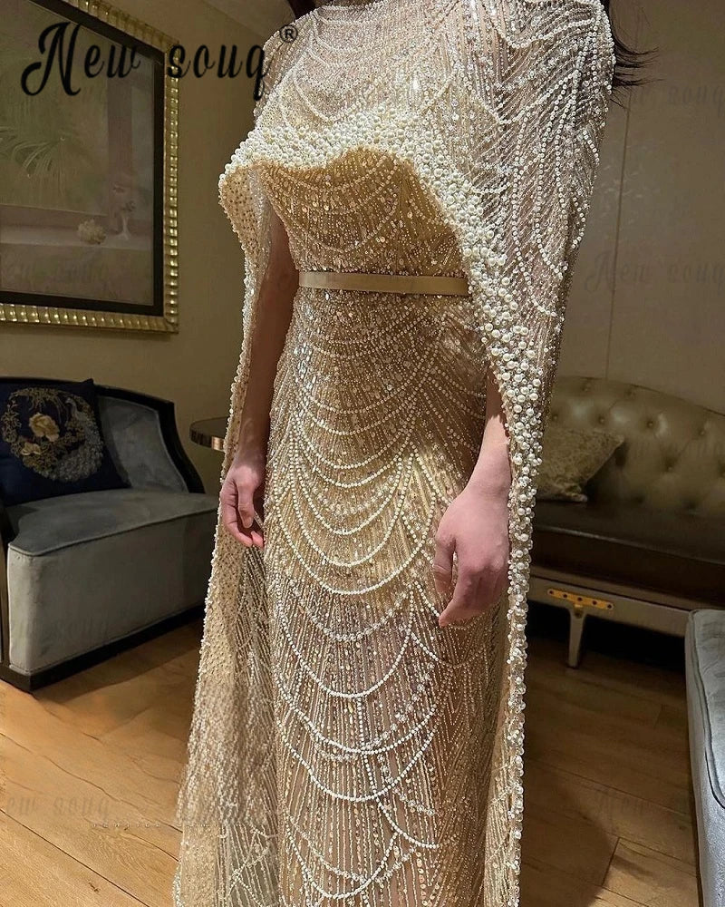 Luxury Champagne 2023 Evening Dress Middle East Muslim Formal Prom Gowns Plus Size Celebrity Influencer Dress Vestido De Noiva