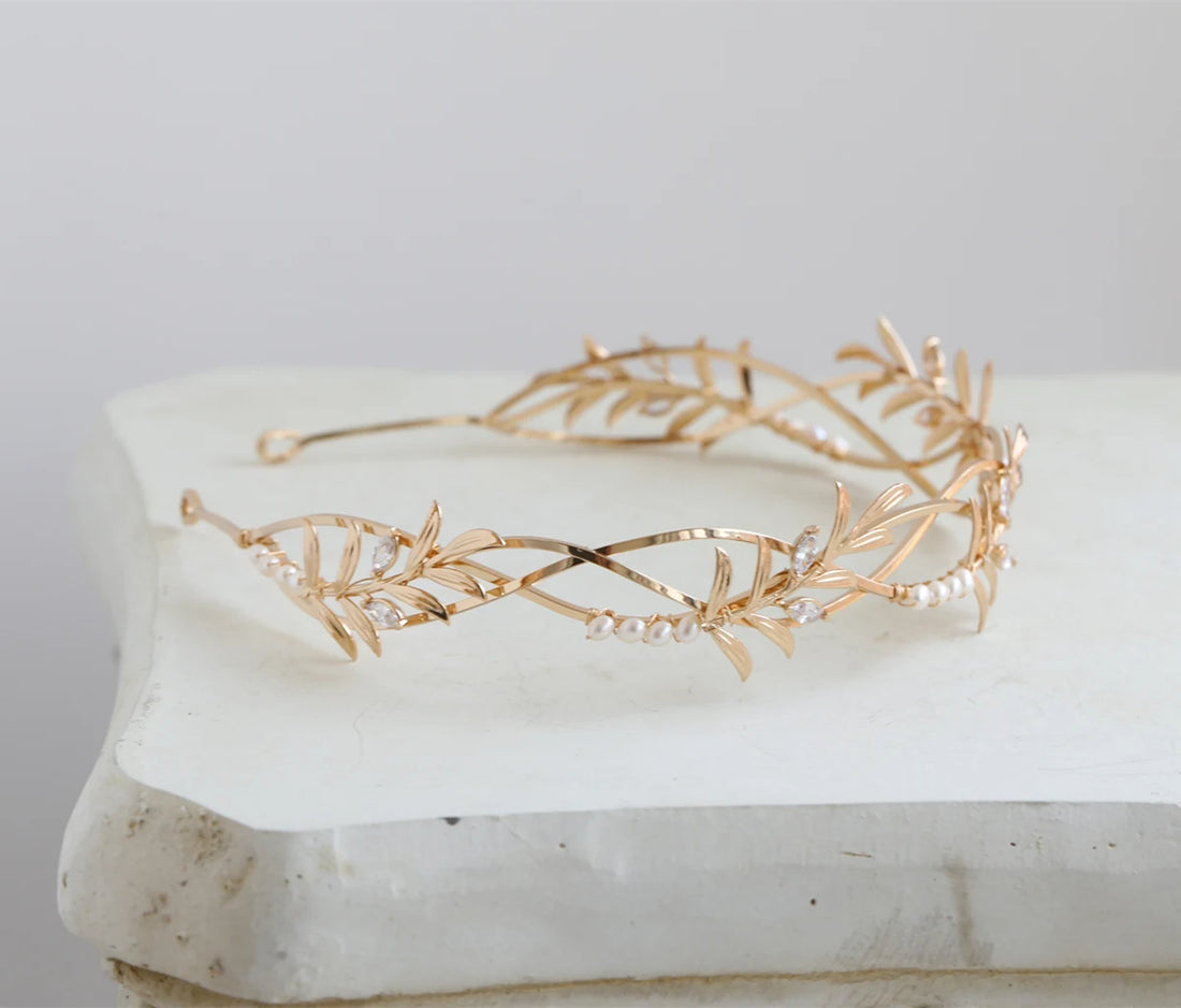 Bridal Hair Jewelry Vintage Gold Color Tiara Pearl Zircon Headband Headpiece Brides Leaf Hairband Headwear Wedding Accessories