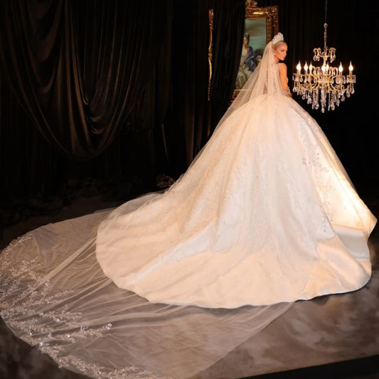 Bescheiden o-neck bruid jurk met lange mouwen sprankelende pailletten trouwjurk luxe satijnen baljurk lange bruid gewaad vestido de novia