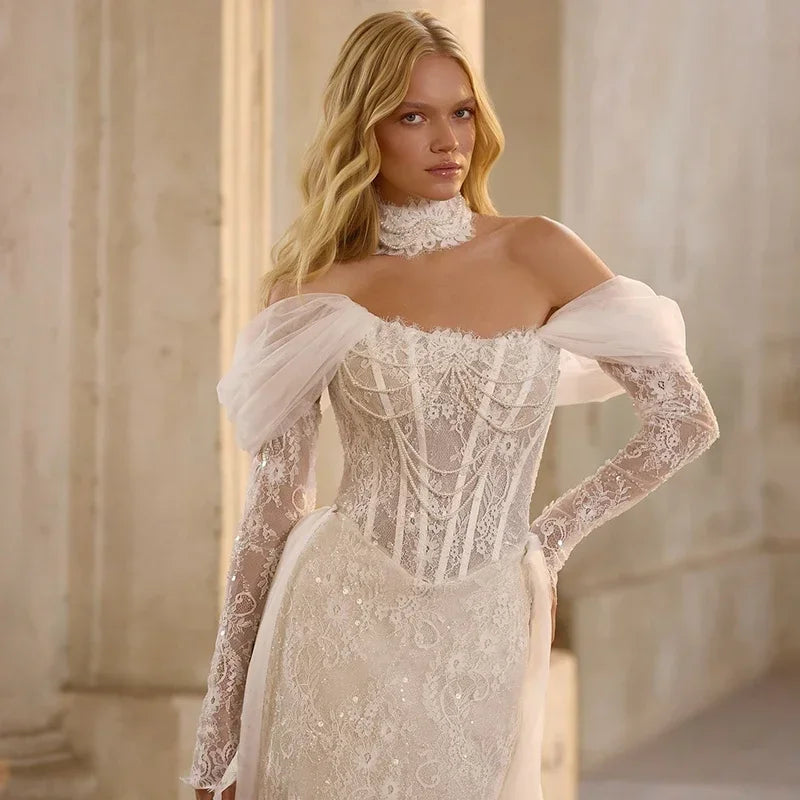 Customized Luxury Lace Sparkling Mermaid Long Sleeves Wedding Dress Detachable Tail Tulle Robe Bridal Dress Vestido De Novia