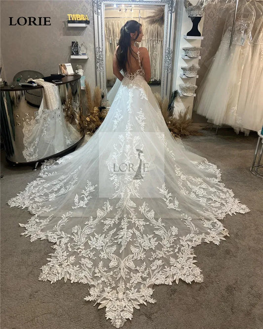 Vestidos de novia de encaje un vestido de novia de encaje aplicado aplicado apliques elegantes para el cuello de la novia modesta novia de la novia 2024