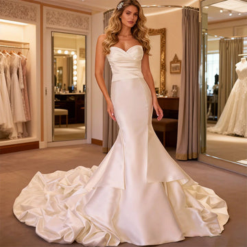 Elegant Satin Puffy Sheath Wedding Dresses For Bride Strapless Pleated Long Mermaid Bridal Party Gown With Strain Vestidos Novia