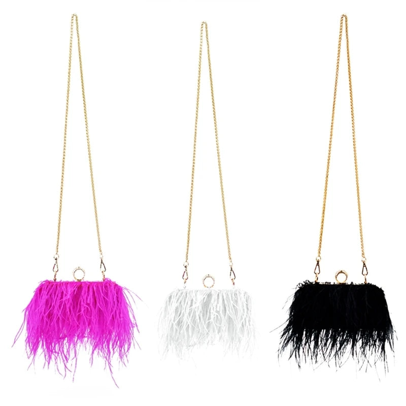 Luxury Ostrich Feather Evening Clutch Bag Women Banquet Wedding Handbag Purse Female Elegant Party Chain Crossbody Shoulder Bag