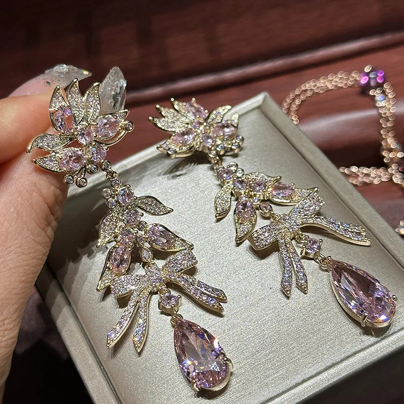 High Quality AAA Zircon Bridal Earrings Pink CZ Zirconia Wedding Earring For Women Brides Accessories Dinner Party Dress Jewelry
