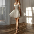 Off shoulder short A-line mini sequins lace sweetheart boho garden bridal gown 2026 – Pollyanna Events