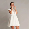 Short A-line scoop neck cap sleeve backless bridal gown satin floral lace wedding dress – Pollyanna Events