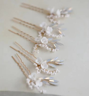 Porcelain Flower Hair Pins Clips Opal Head Pieces Gold Silver Color Hairpins For Brides Women Bridal Jewelry Wedding Accessories