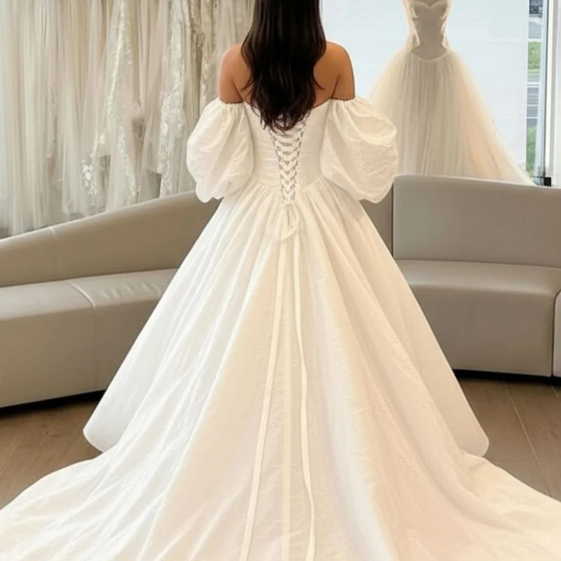 Simple Long Puffy Sleeve Ball Gown Wedding Dresses With Train A Line Satin Strapless Bridal Party Gown For Women Vestidos Novia