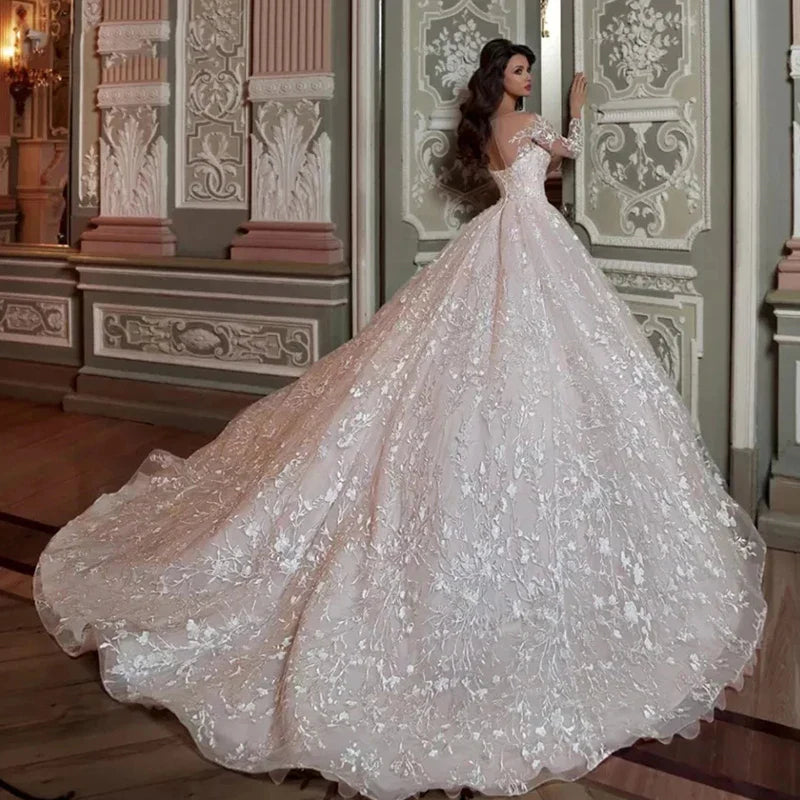 Luxury white lace applique illusion crystal beads string elegant high-end wedding dress bridal gown – Pollyanna Events